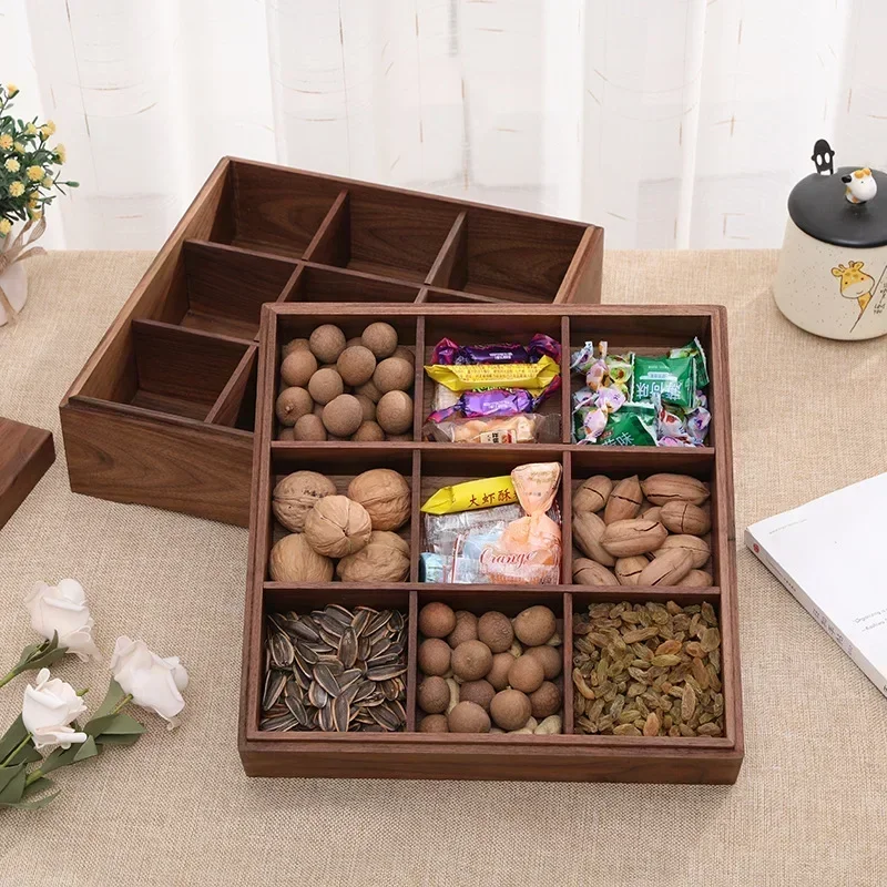 Double-layer walnut solid wood candy box creative with lid tray compartment snacks dried fruit basin storage box