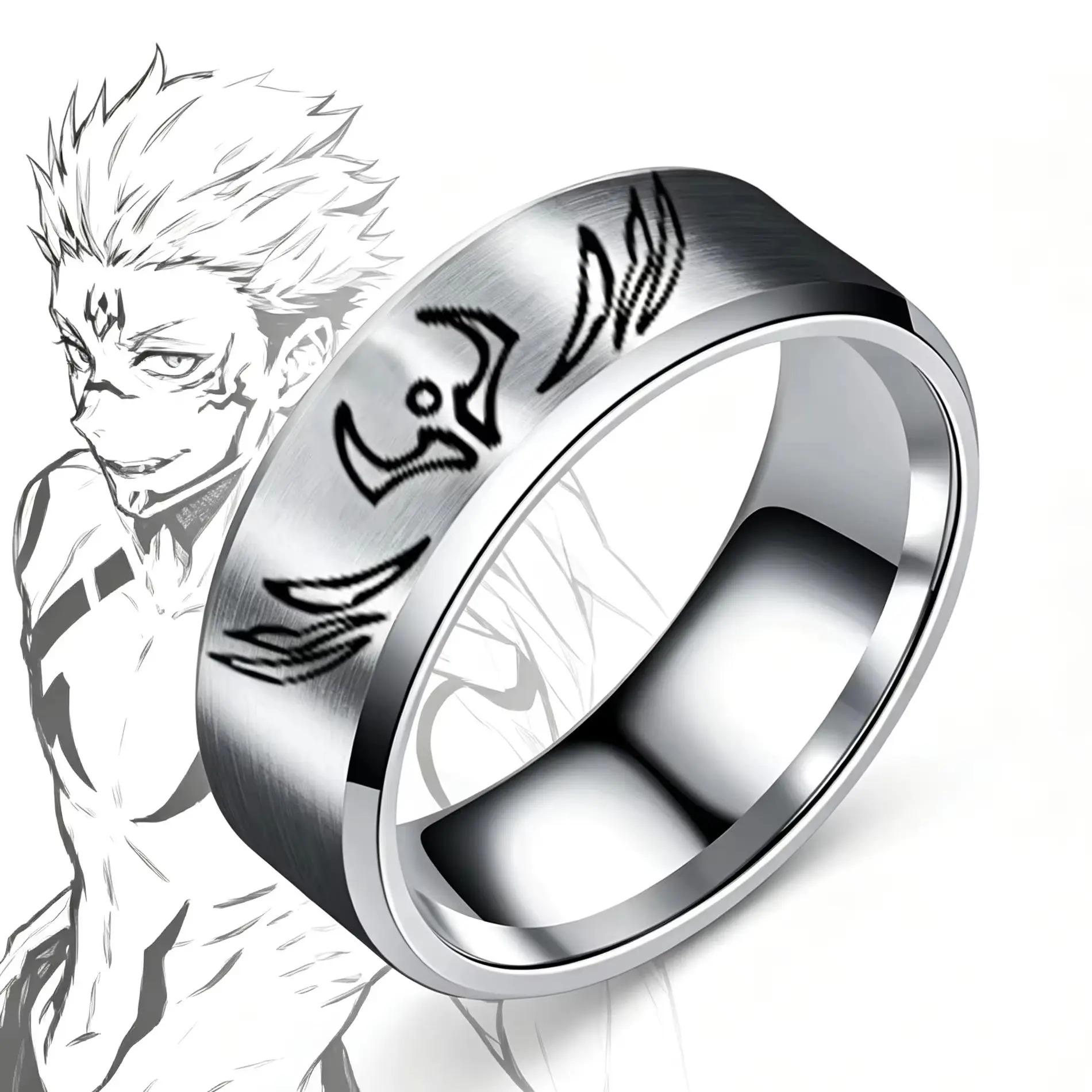 Jujutsu Kaisen Ryomen Sukuna Fluchzeichen-Ring, Edelstahl Gravierter Bandring Anime Cosplay Schmuck Geschenk für Männer Frauen