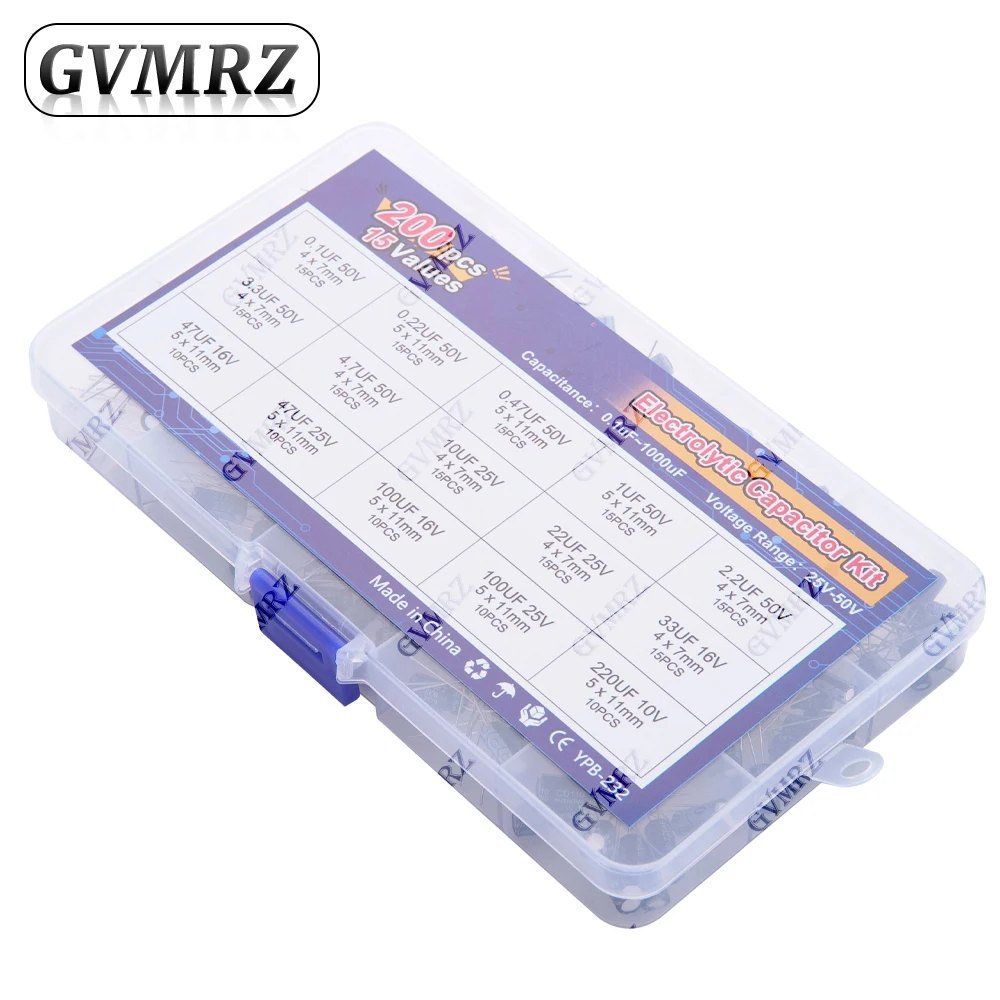 15Values 200pcs Electrolytic Capacitor Organization Storage 0.1-220uF Capacitors Assortment Box Kit 0.1uF 20uF