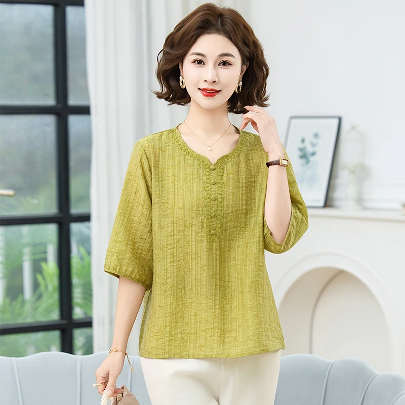 

Middle aged Mother V-Neck Blouse Women Half sleeve Summer Loose Slimming Top Pius size