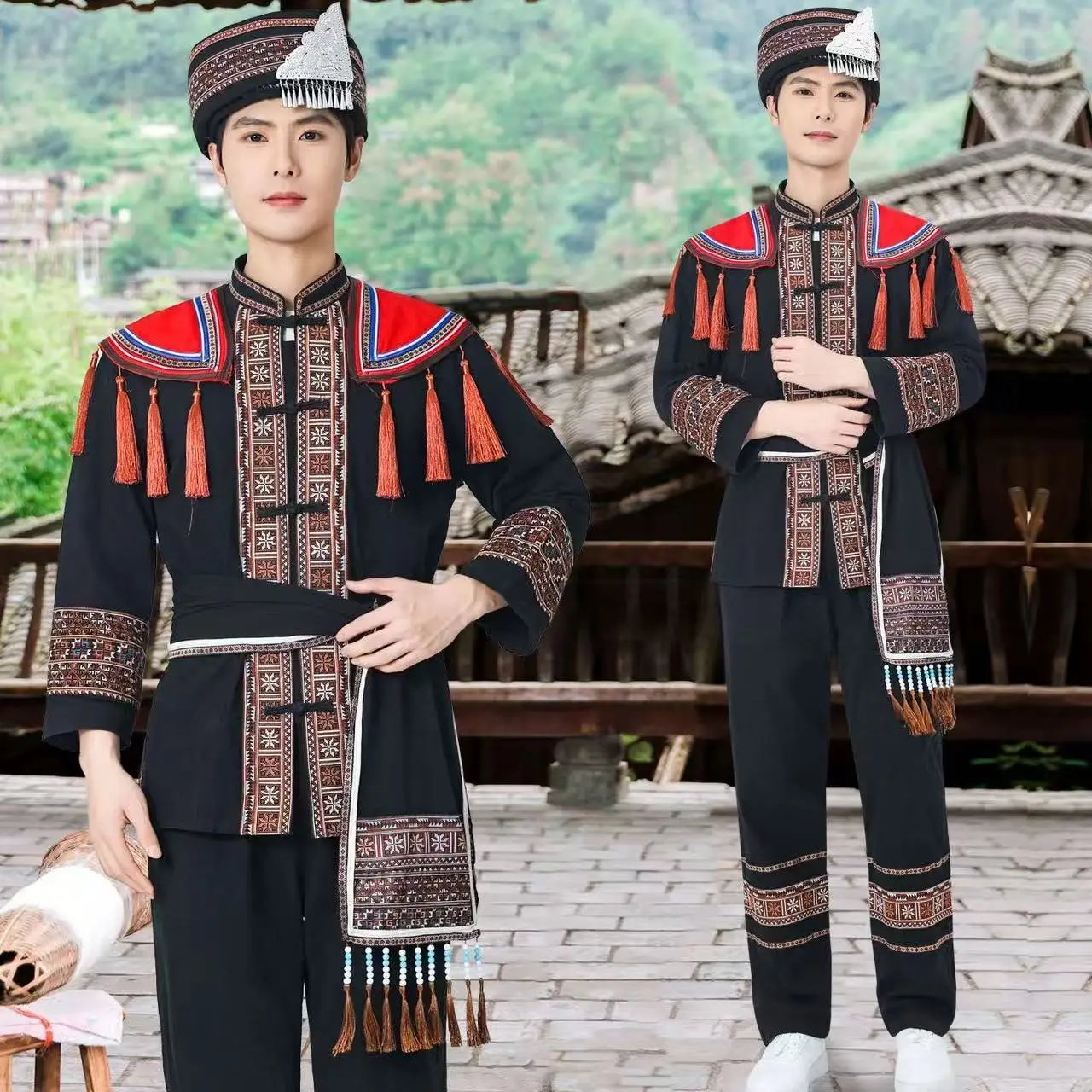 Men's New Hmong Costume Traditional Chinese Clothing Ethnic Minority Yao Stage Dance Uniform Male Travel Photography Suit Sets