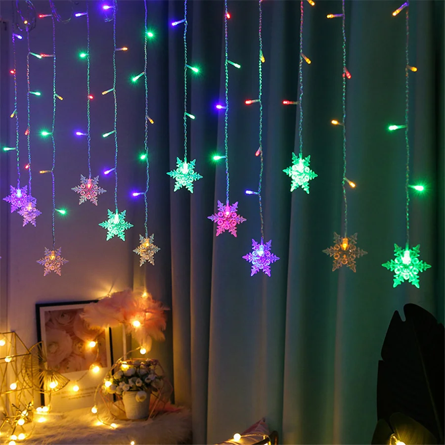 2024 New Year Christmas Decoration LED Snowflake Curtain Fairy String Light 8 Modes Flashing Garland Lamp Waterproof Party Light