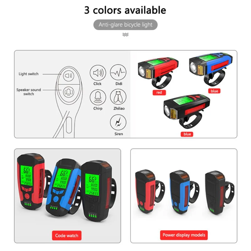 3-in-1 USB oplaadbare fietszaklamp met computersnelheidsmeter 5 verlichtingsmodi Fietskoplamp Piepfietszaklamp