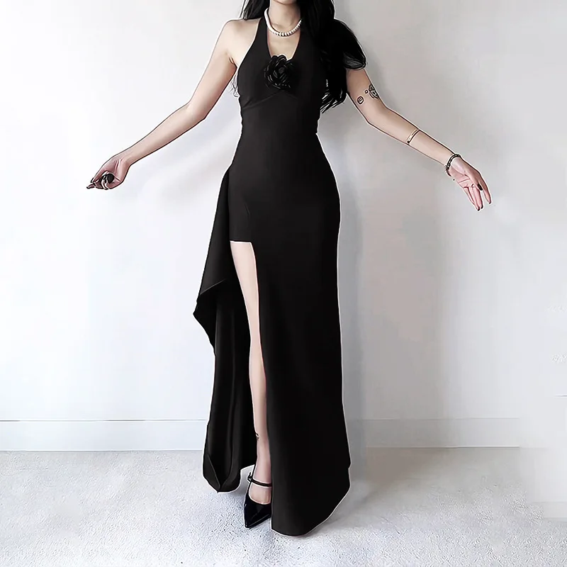 

Элегантное женское длинное платье с высоким разрезом на подтяжках и v-образным вырезом, осеннее сексуальное вечернее платье Robe Femme Vestidos De Mujer