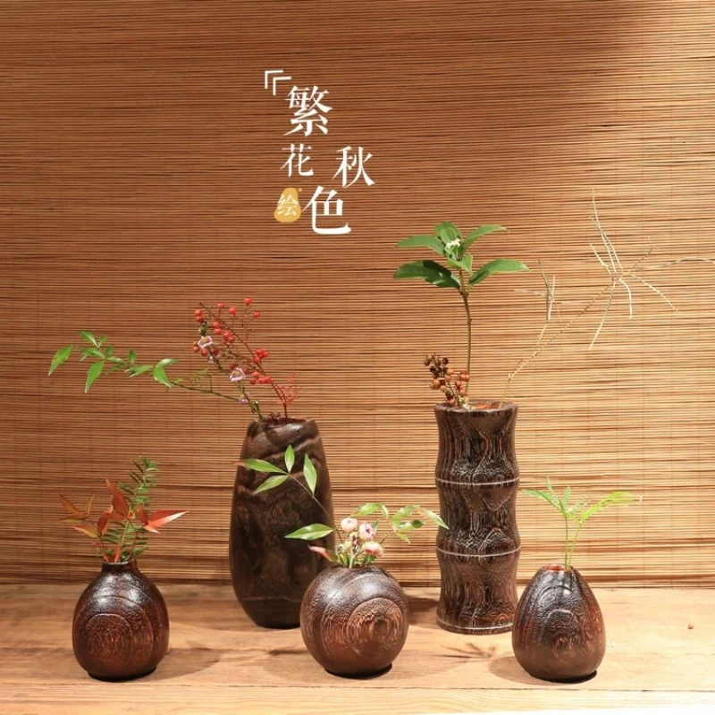 Japanese Flower Vase Burned Paulownia Wood Flower Holder for Desktop Mini Decor Vessel for Tea Ceremony Rustic Plant Container