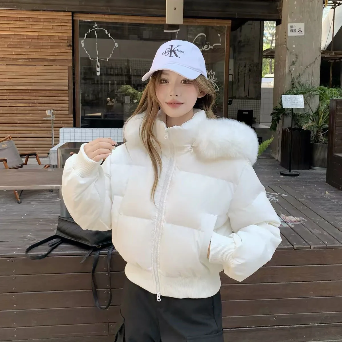 Women Winter Faux Fur Collar Hooded Parka Puffer Jacket Japanese Street Style Long Sleeve Zip Up Y2K Short Coats Daily Wear