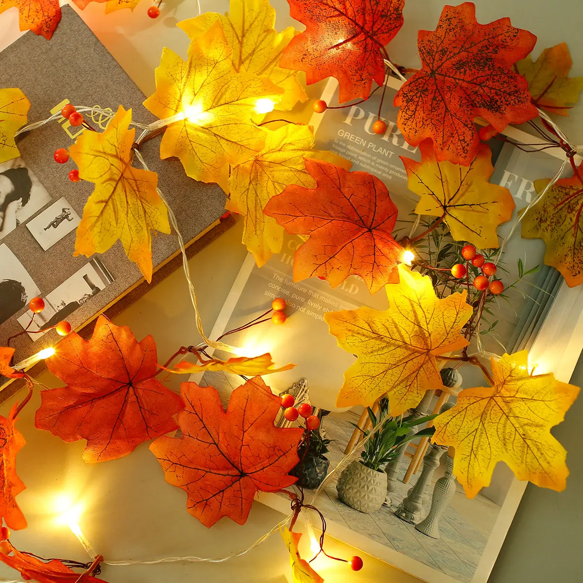 NEW Maple Leaves String Lights Fall Leaf Garlands Light Total 9.8Ft 20LED Lights with 2 Modes Battery Operated Autumn Maple