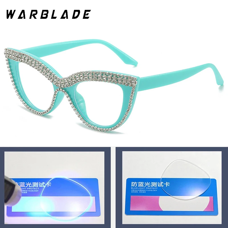 2025 موضة جديدة عين القط مكافحة نظارات الضوء الأزرق النساء مع أحجار الراين خمر أنيق عصري العلامة التجارية تصميم المتضخم النظارات