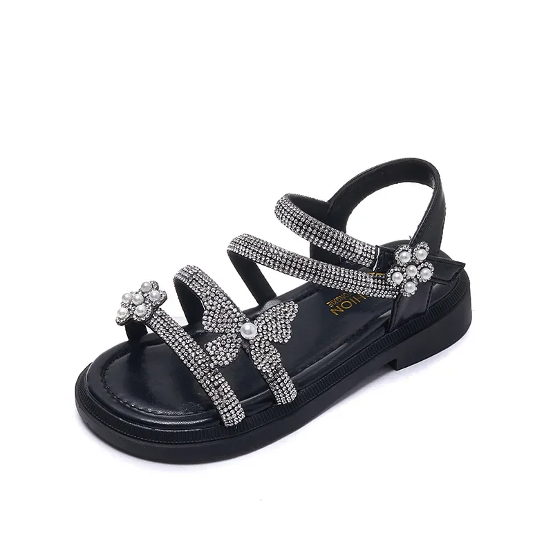 Children\'s Princess Shoes Baby Girls Bling Rhinestone Sandals Fashion Pearl Soft Bottom Kids Dance Party Sparkly Beach Sandals