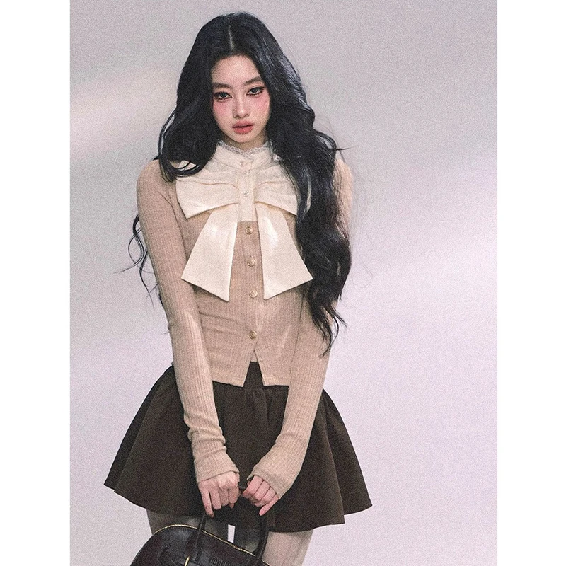 Streetwear Bow T Shirts Women Fashion Elegant Lace Patchwork Tops Korean Stand Collar Long Sleeve Tees Winter Slim Clothes New