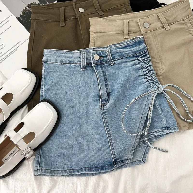 Korean irregular drawstring short skort pleated kids clothes toddler denim 3 to 12 years baby girls denim shorts summer children