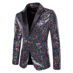 Casaco smoking gola alta para homens, um botão, noivo do casamento, lantejoulas brilhantes do arco-íris do partido, blazer glitter, traje de baile, hom