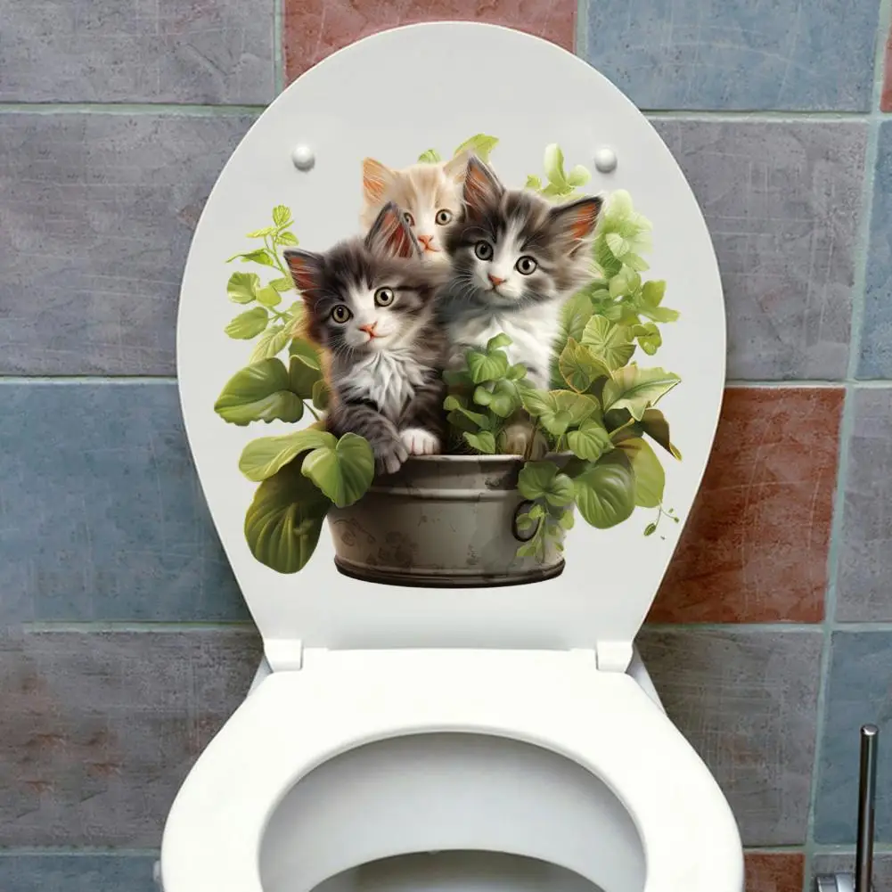 Decorative Toilet Sticker Easy to Apply Toilet Sticker Elegant Green Plant Cat Pattern Toilet Lid Sticker Charming Wall for Home