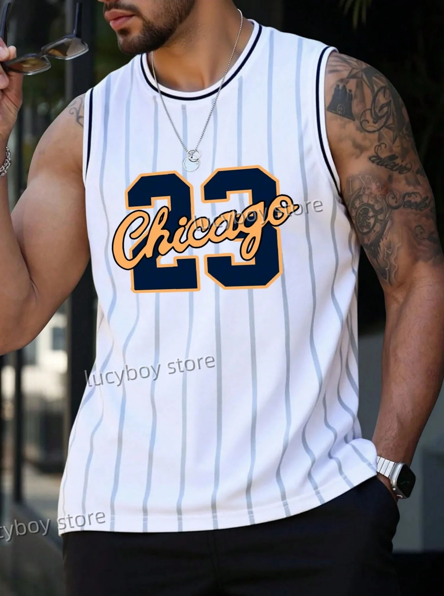 men CHIAGO No.23 Print Striped Round Neck Casual Tank Top mens Basketball Jersey vest Boyfriend Style sport basketball vest