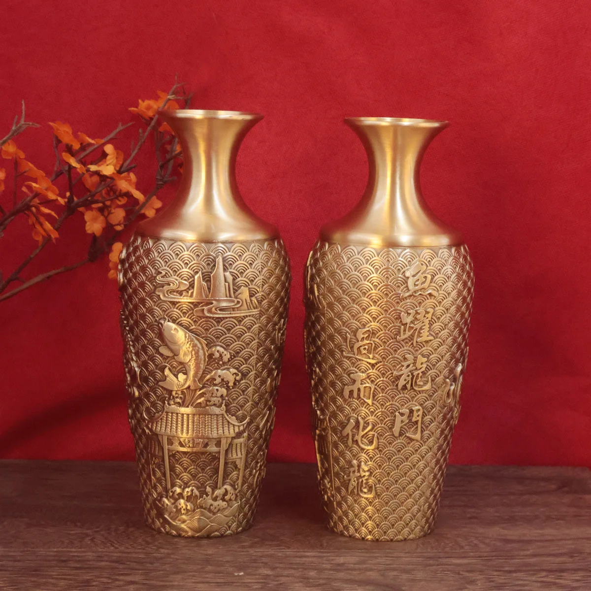 Antique Brass Leaping Fish Vase Living Room Dried Bloom Oriental Craft Table Decor Gift Ornament