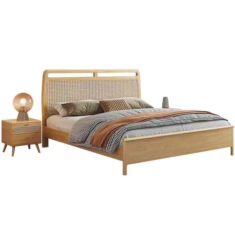 

￥%Minimalist Rattan Nordic Wood Bed Solid Double Bed Nordic Modern Simple Furniture Wooden Wedding Bed