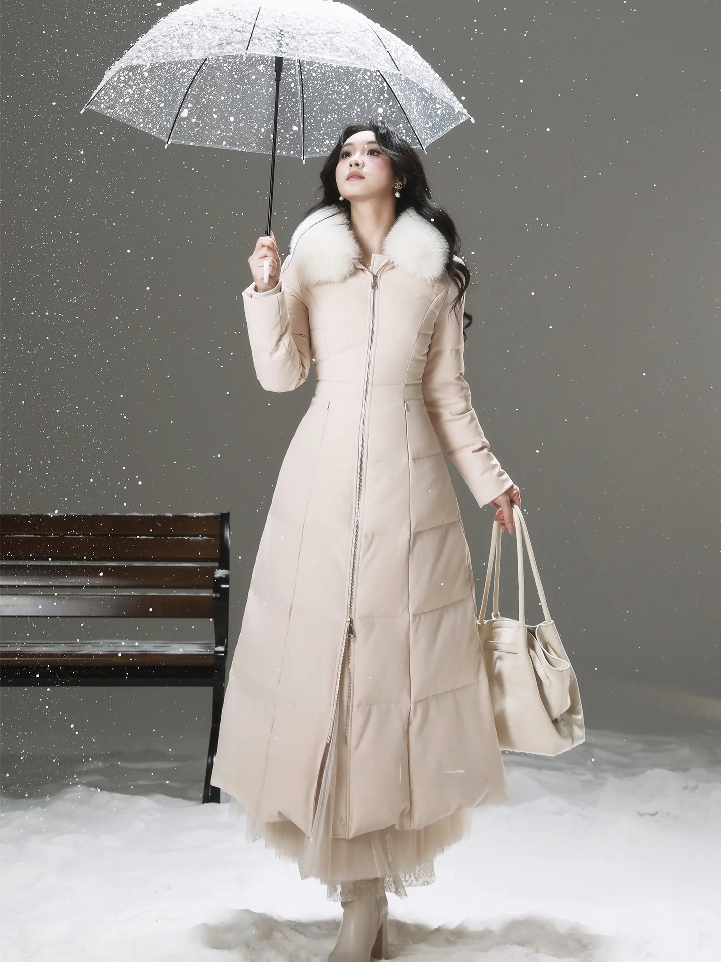 

Женское зимнее пальто Ele с меховой отделкой, 90% пуха, с поясом, длинное, средней длины