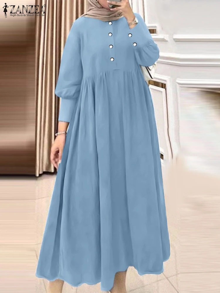 ZANZEA gaun Maxi pertemuan lengan panjang wanita Muslim longgar kasual Vintage Denim biru jubah Abaya Hijab Islam Kaftan Vestidos