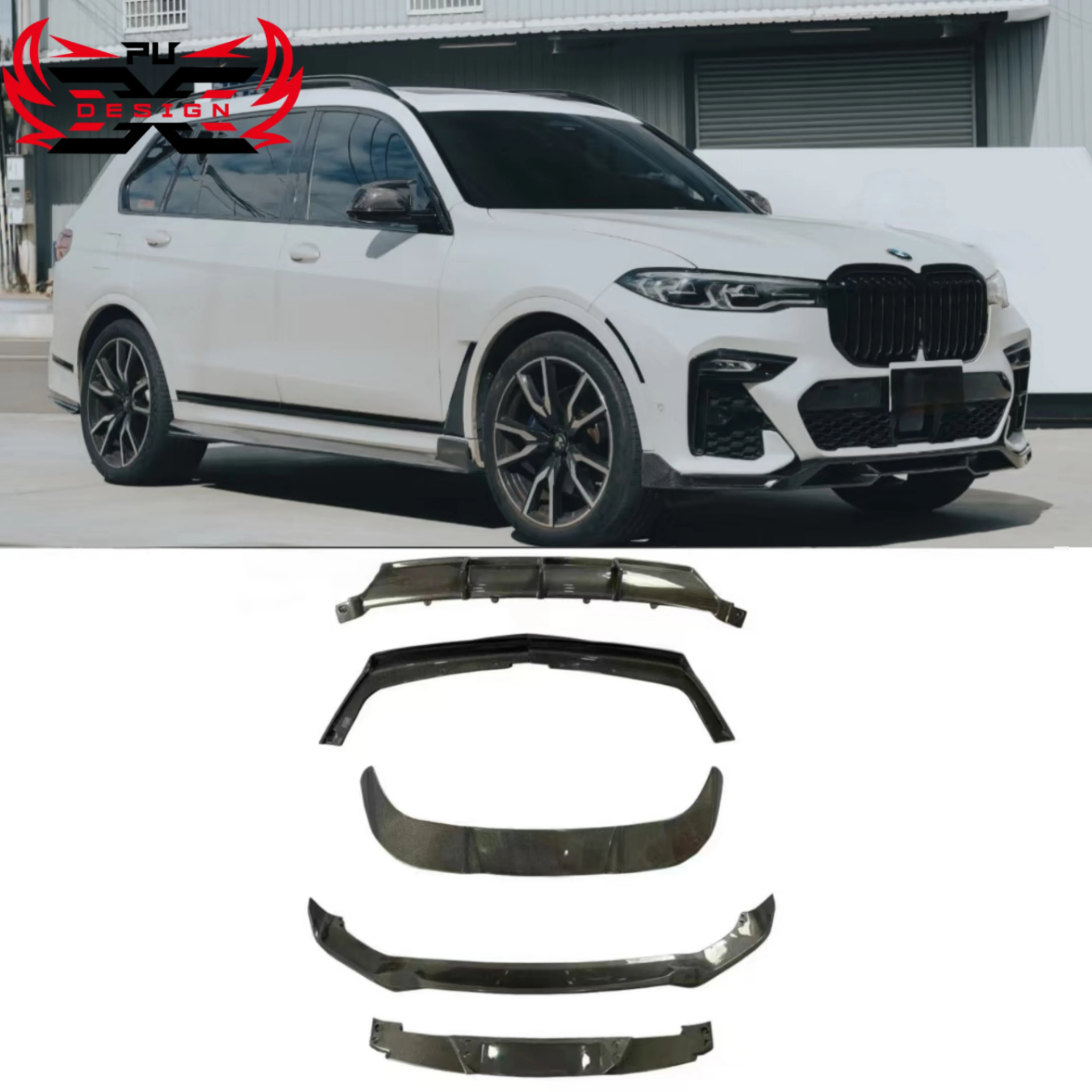 

Для BMW X7 G07 2019-2021 передний бампер из углеродного волокна, передняя губа, боковая юбка, задний диффузор, спойлер на корне, комплект кузова