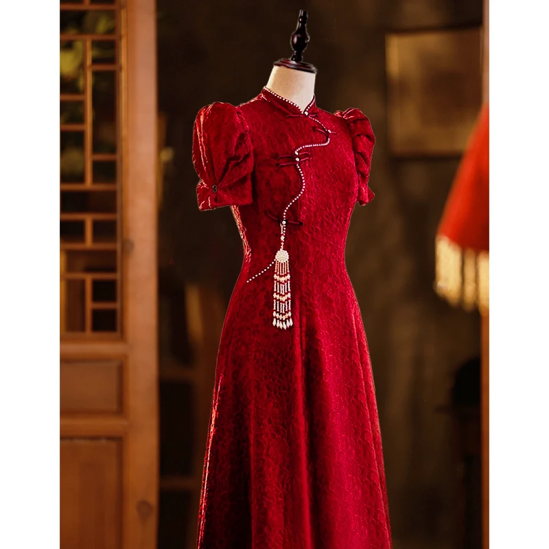 

Red Wedding Dr Chinese Engagement Par Casual Wear Return Home Matrimony Long Skirt ort Sve Pearl Embellied