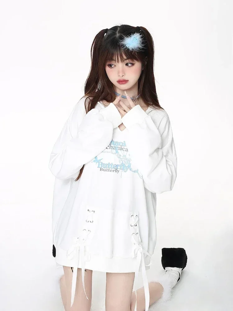 

Y2k Эстетическая толстовка с буквенным принтом, женская уличная одежда, топы с капюшоном, 2024, толстовка в стиле Харадзюку, карманная повязка, свободная толстовка в стиле гранж