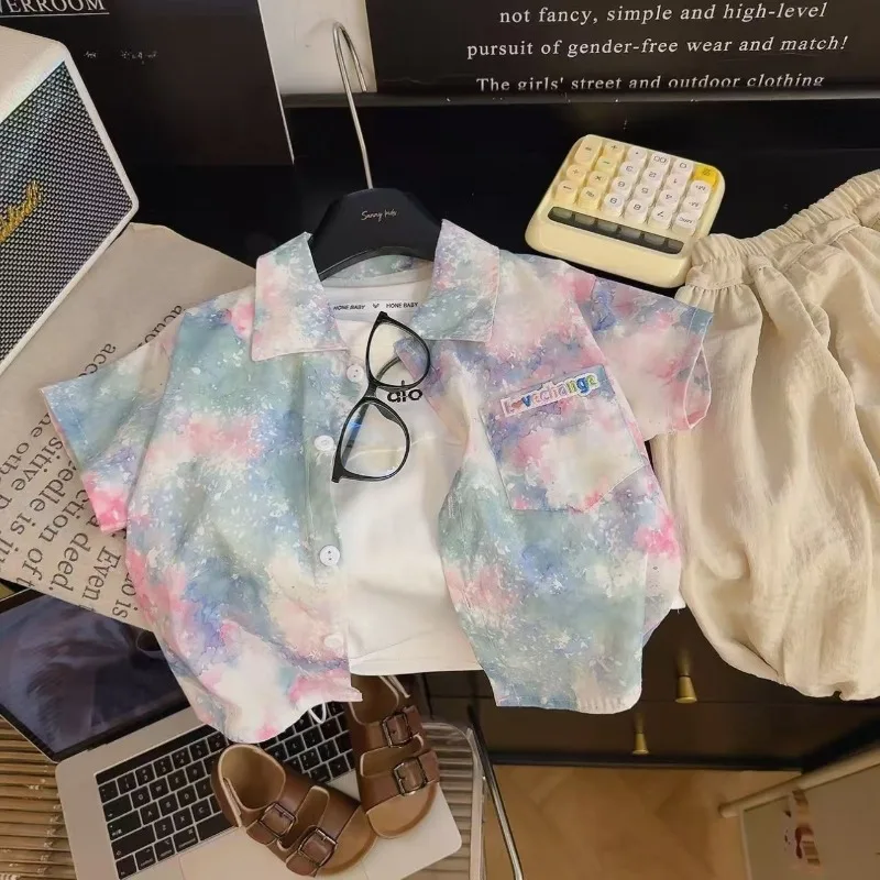 

2026 Summer Boys' Dyeing Print Short Sleeve Shirt Kids' Trendy Versatile Summer Outfit