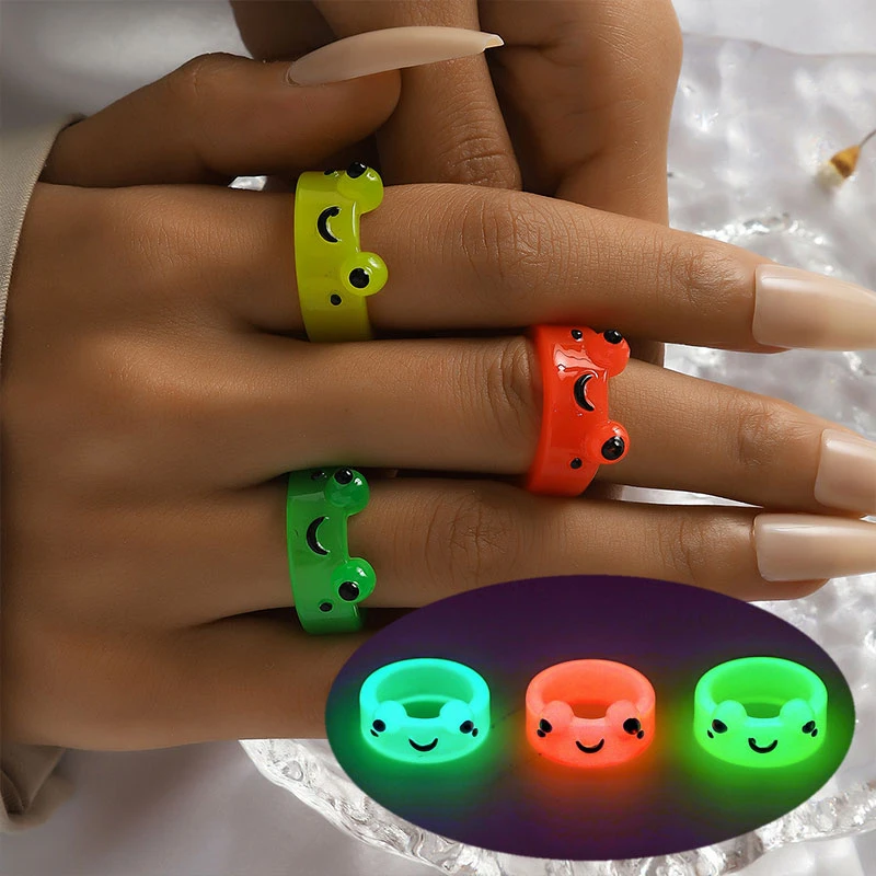 3pcs Fashion Frog Luminous Ring for Women Men Fluorescent Rings Animal Glow In Dark Acrylic Ring Jewelry Set freeshiping items