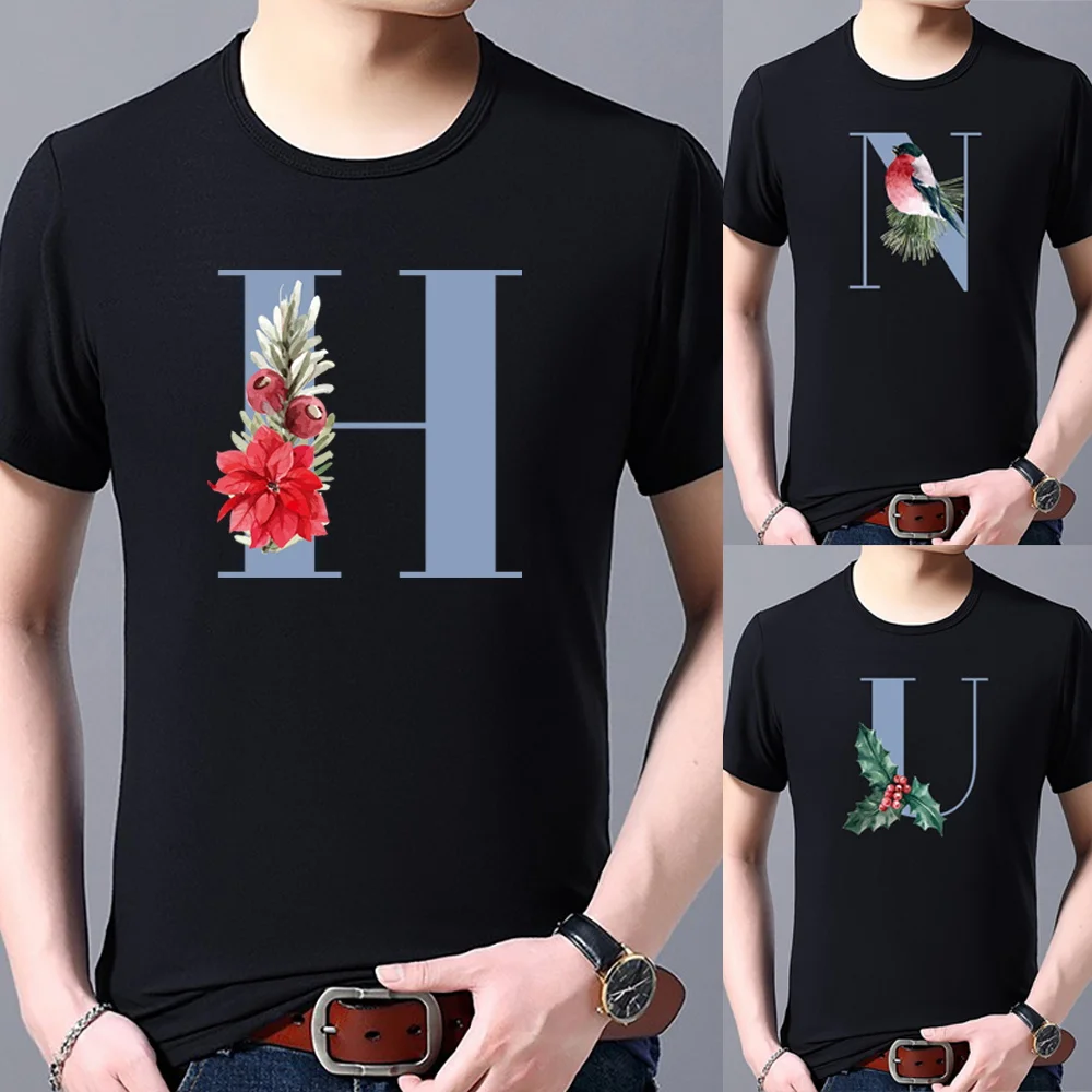 T Shirt Men's Round Neck Short Sleeve Black Simple Summer Blue Letter Print Fashion Casual Men's Top T Shirt