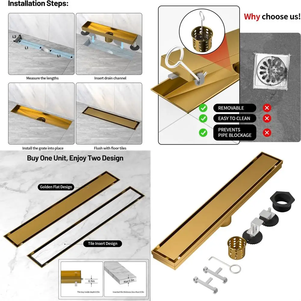 

Золотой 48-дюймовый линейный душевой трап из нержавеющей стали с регулируемыми опорными ножками и сеткой для сбора волос для невидимой установки в полу
