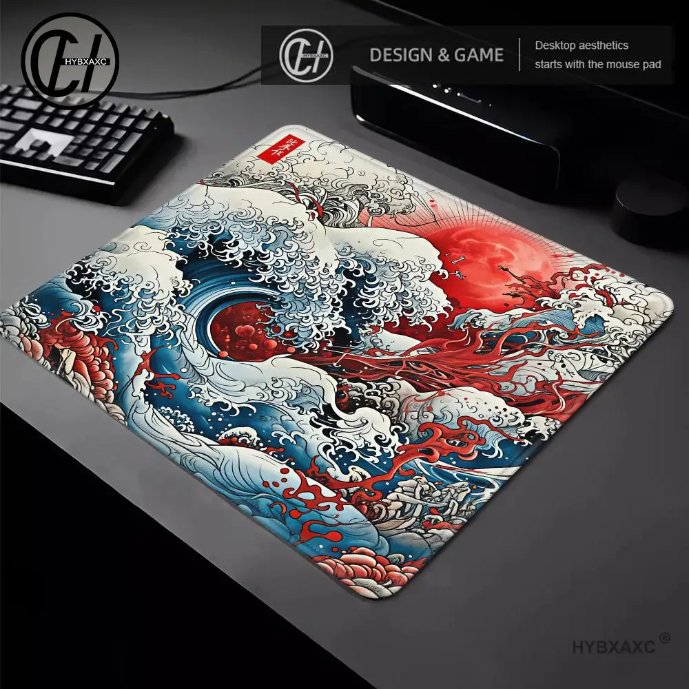Japanese Ukiyo-e Mountain Wave Large Mouse Pad, Ink Landscape Moon Star Desk Mat, Non-Slip Rubber Gaming Keyboard Mat,Desk Pad