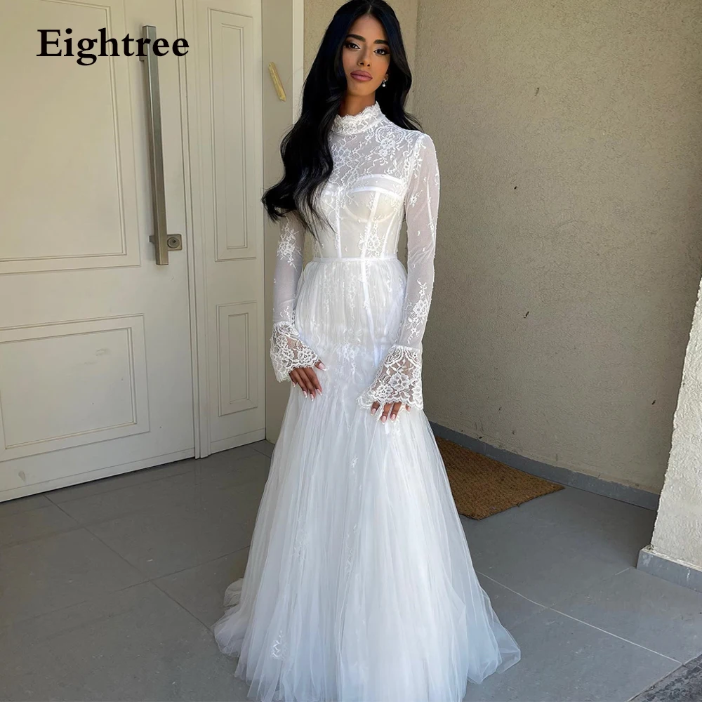 

Eightree High Neck Modern Full Lace Mermaid Bride Wedding Dresses Long Sleeves Illusion Civil Bridal Gowns Vestidos De Noiva