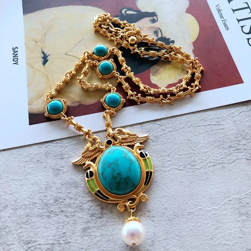 Collar de Turquesa Vintage con Cadena Chapada en Oro, Colgante de Perla Mabe, Pendientes de Turquesa, Accesorios de Joyería para Mujer