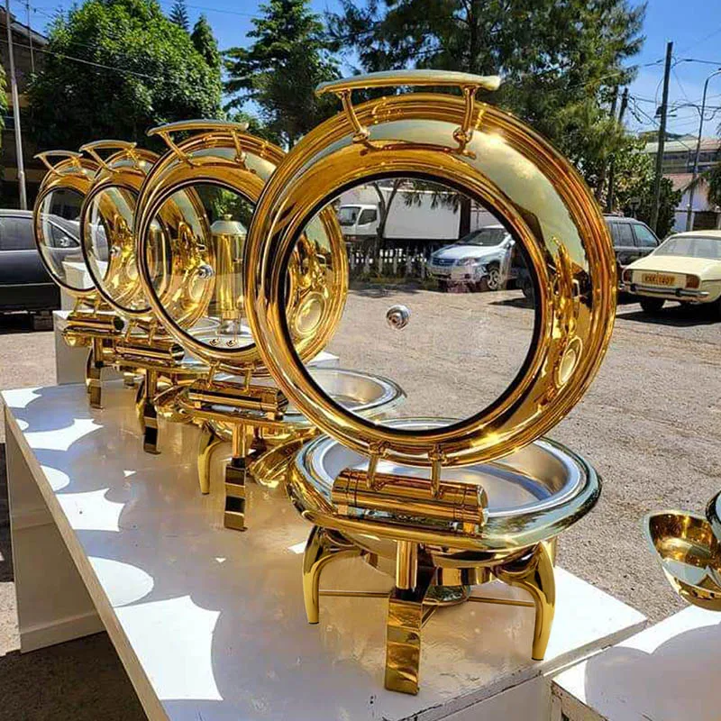 

Круглая золотая роскошная буфетная печь из нержавеющей стали, купольная подогреватель для супа, набор со стеклянной крышкой