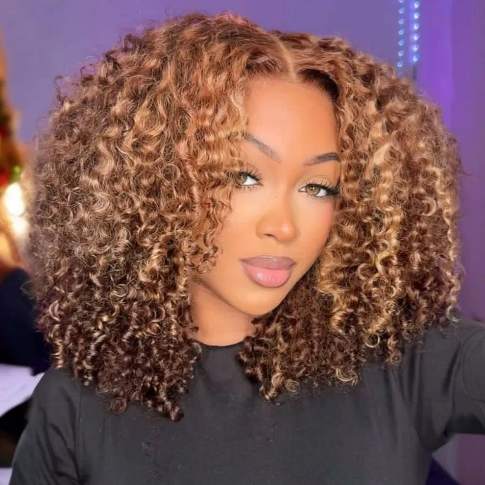 P4/27 Highlight Curly Short Bob Wig Human Hair Glueless Wear And Go 5X5 Hd Lace Closure Wig Ombre Colored Deep Wave Human Hair Wigs 16 Inch Lace Frontal Wig