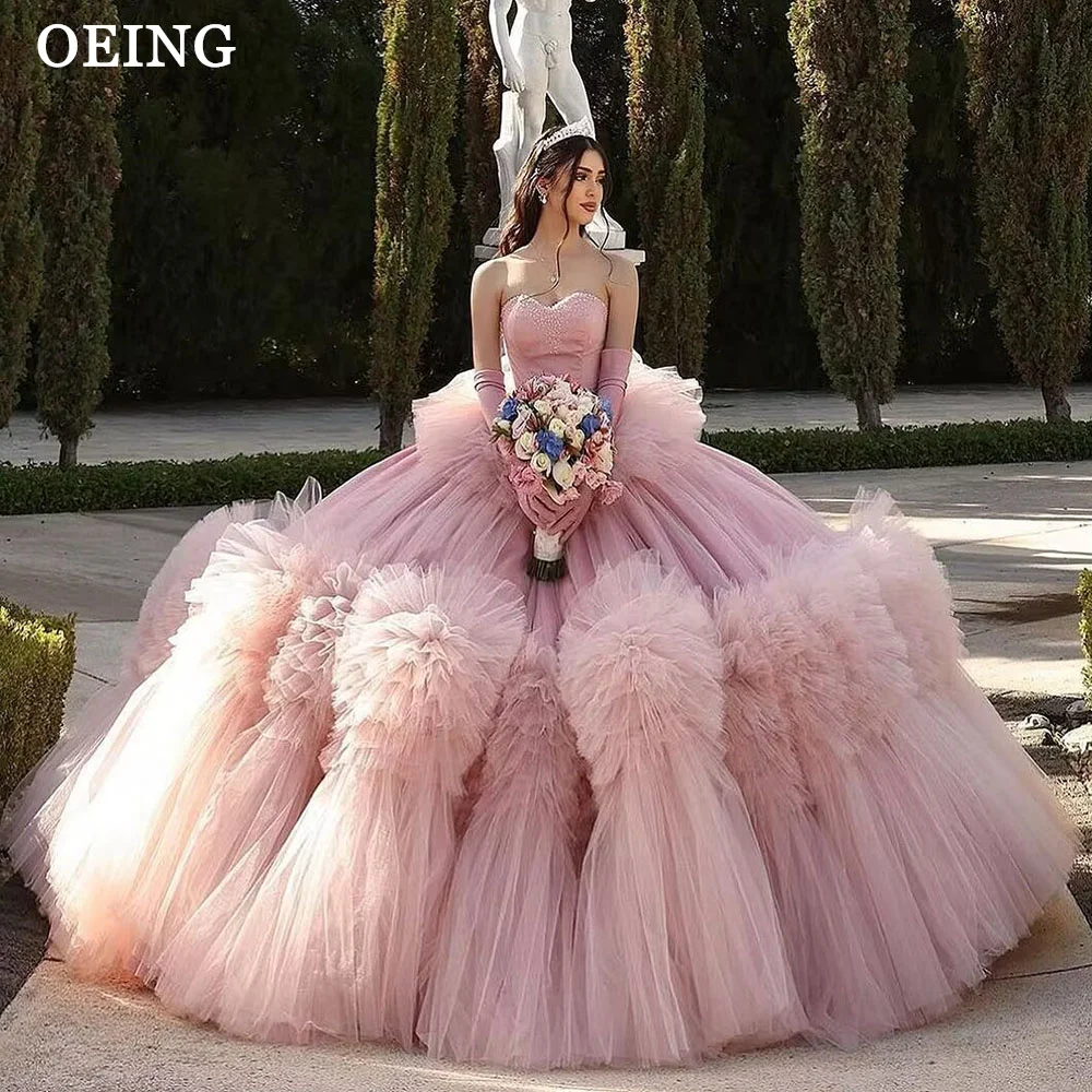 OEING Pink Strapless Quinceanera Dresses Elagant Princess Ruffles A Line Prom Gowns For Sweet 15 Girls Party Dress Birthday