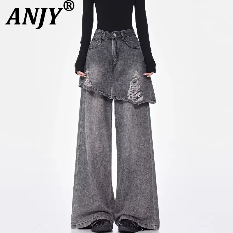 

ANJY Autumn New Women Fake Two-Piece Ripped Jeans Asymmetric Distressed Denim Straight American Retro Streetwear Y2K Pants A9373