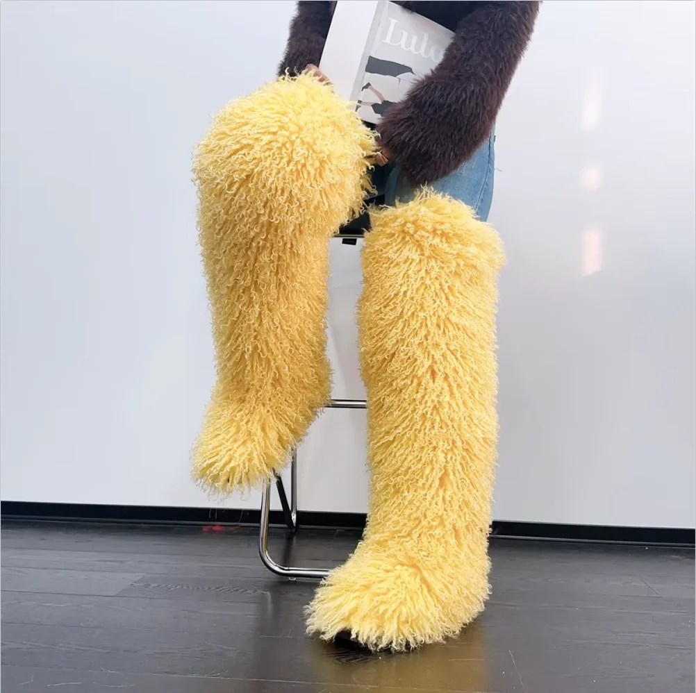 Over The Knee Thigh High Mongolian Fur Boots Faux Tall Boots for Women