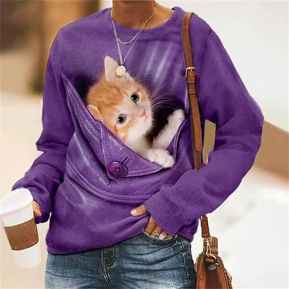 

Cross Border Europe And America Autumn And Winter New Round Neck Long Sleeved Hoodie, Women's Kitten Pattern Top In StockME1