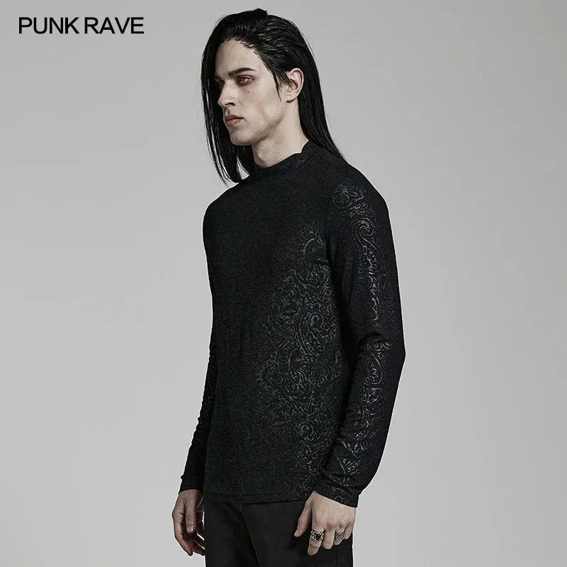 PUNK RAVE Men's Gothic Daily Turtlenecks Simple Printed T-shirt  Punk Handsome Cool Long Sleeve Tops Spring Autumn