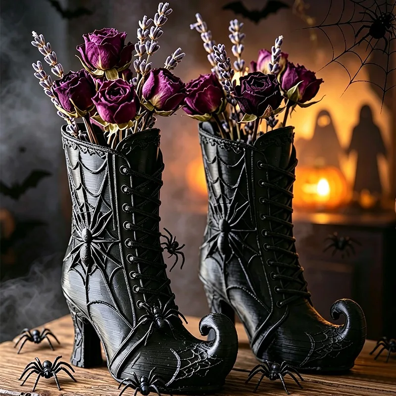 Gothic Witch Boot Figurine Halloween Resin Statue 3D Embossed Spider Web Black Decor for Desktop Shelf Fireplace Window Ornament