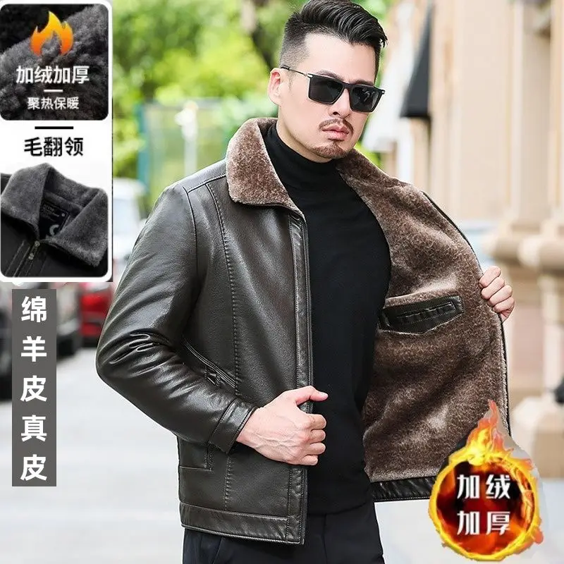 Men's Genuine Leather Jacket Male Leather Jacket Clothes Black Brown Sheepskin Jacket Men Winter Add Fleece Coats Waterproof