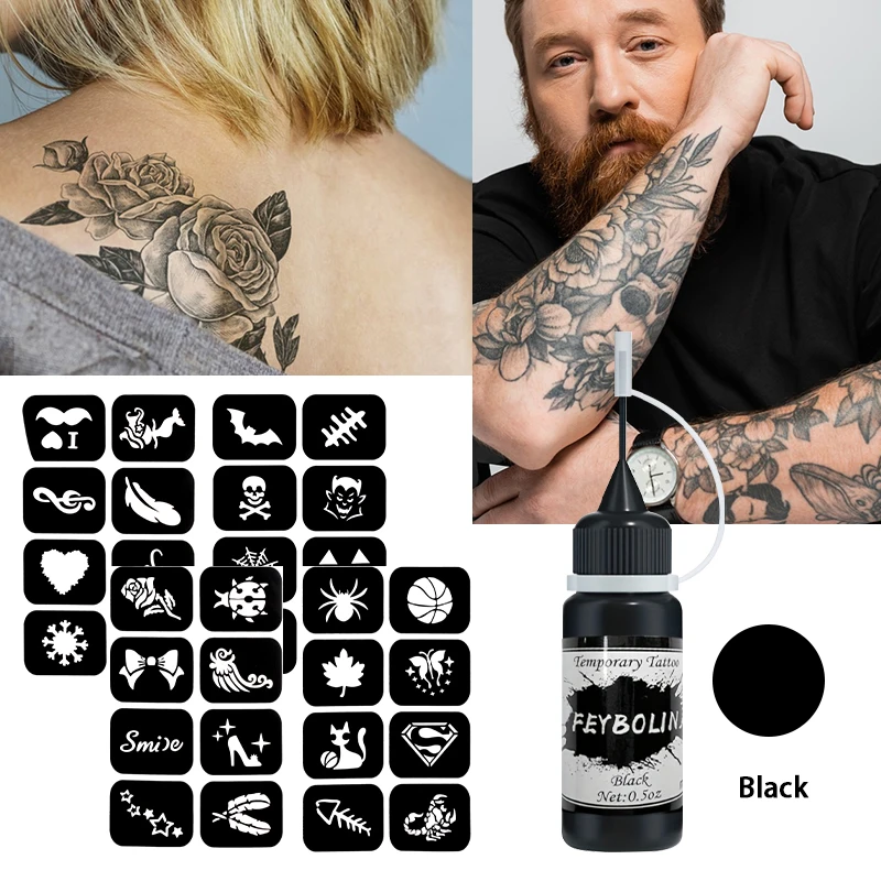 Temporäres Tattoo-Gel Schwarz mit Schablonen-Set. Body Art Painting Cream Henna Tattoo Paste Cream Juice Paste für Body Art Tattoos
