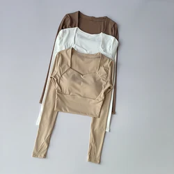 Nude scollo a v integrato Cup Chest Pad Yoga Suit Top t-shirt sportiva tuta Fitness ad alta elasticità manica lunga abbigliamento ad asciugatura rapida