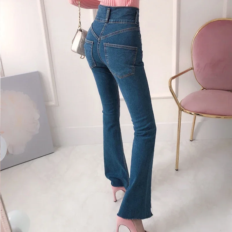 Dark Blue Chic Jeans Women Streetwear Double-breasted Elastic Denim Women Wide Leg Pants Korean Business Soft Jeans Mom