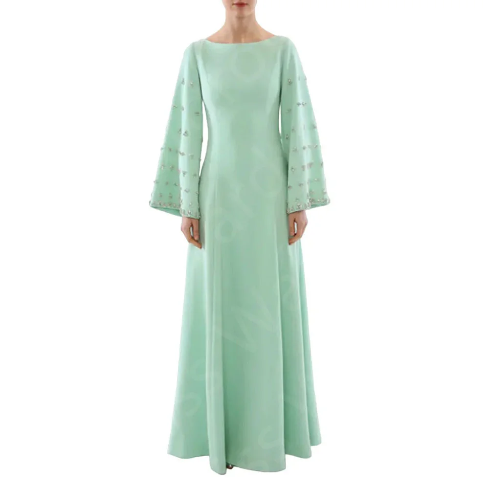 

Customized Vintage Mint Green Prom Dresses Arabic 2025 Wedding Party Dresses Beading Long Sleeves Evening Gowns Round Neckline