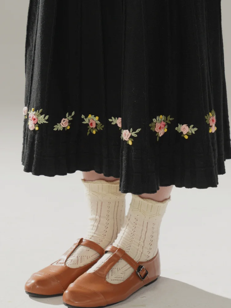 63-90cm Waist Fall Winter Cashmere Wool Knitted Skirts Women Korean Fashion Elegant Handmade Embroidery A-Linen All-Match Skirts