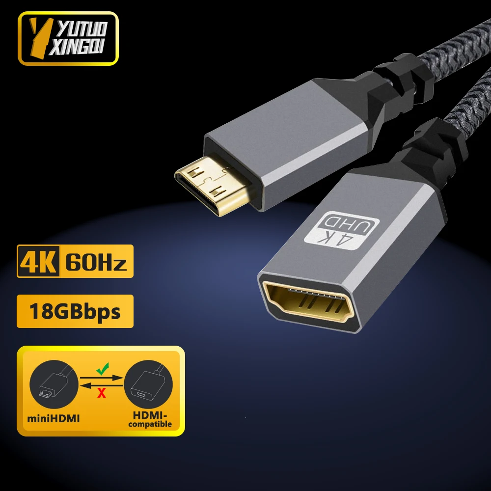 4K HD MiniHDMI-compatible to HDMI-compatible Cable Adapter Male Head Female Connects Public For Camera Flat Single Reflex