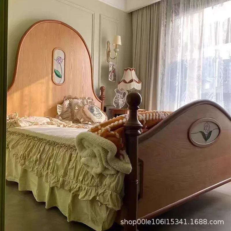 Solid wood high-end simple French pillar high back retro painted double bed hotel bedroom model room princess wedding bed