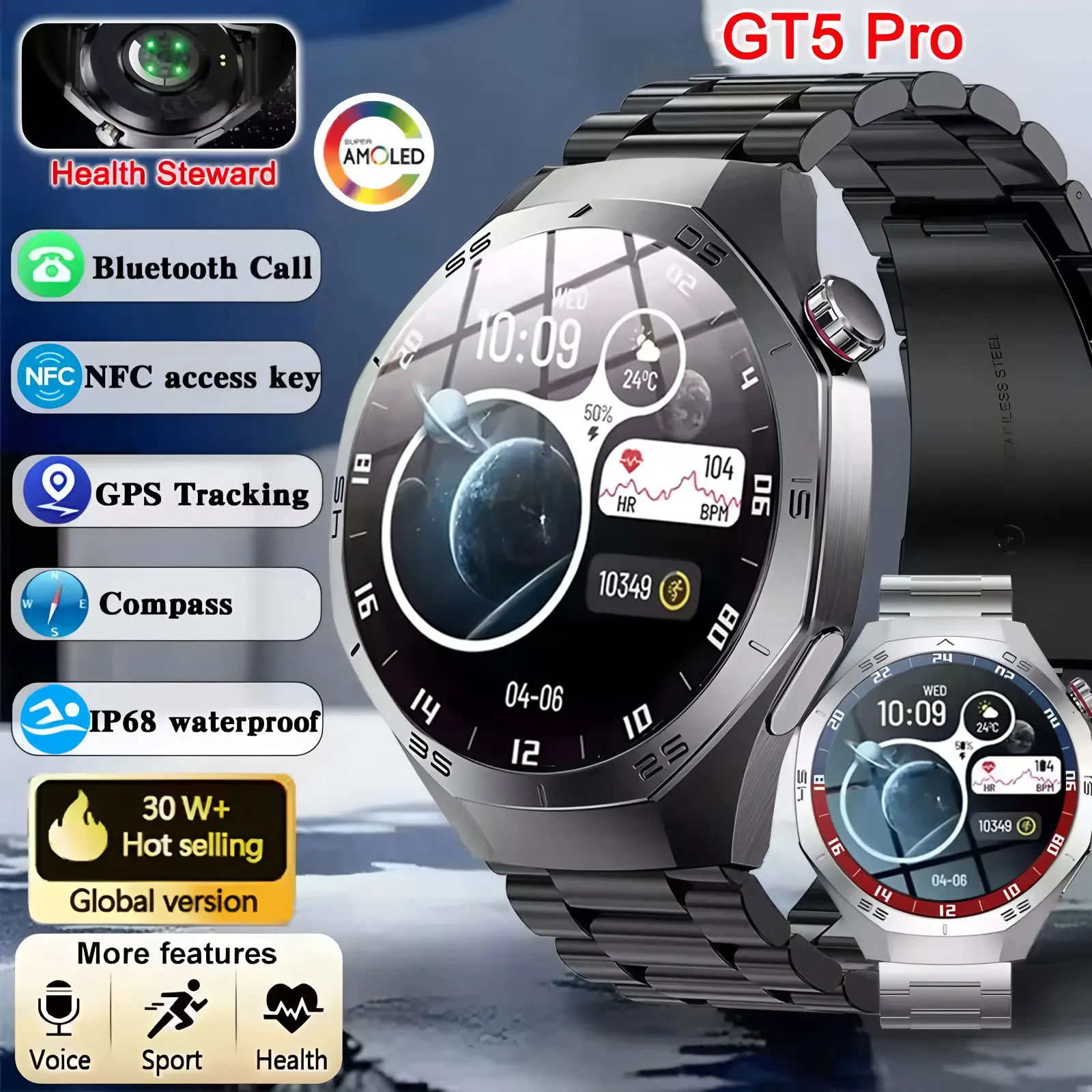 

Смарт-часы GT5 Pro для мужчин, HD AMOLED-экран, GPS, траектория движения, пульс, Bluetooth-вызов, 1,52-дюймовые умные часы, IP68, водонепроницаемые