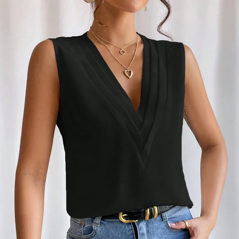 Women's Loose Sleeveless Blouses, White Office Tops, Oversized Elegant Shirts, Youth Female Vest